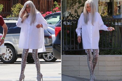 Page Six on Twitter: "Diane Keaton, 75, turns heads in thigh-high snakeskin boots https://t.co/cbnXwqoAxu… " Grey Thigh High Boots, White Doc Martens, High Boots Outfit, Snakeskin Boots, Wingtip Shoes, Diane Keaton, Button Down Shirt Dress, Stiletto Boots, Evening Jackets