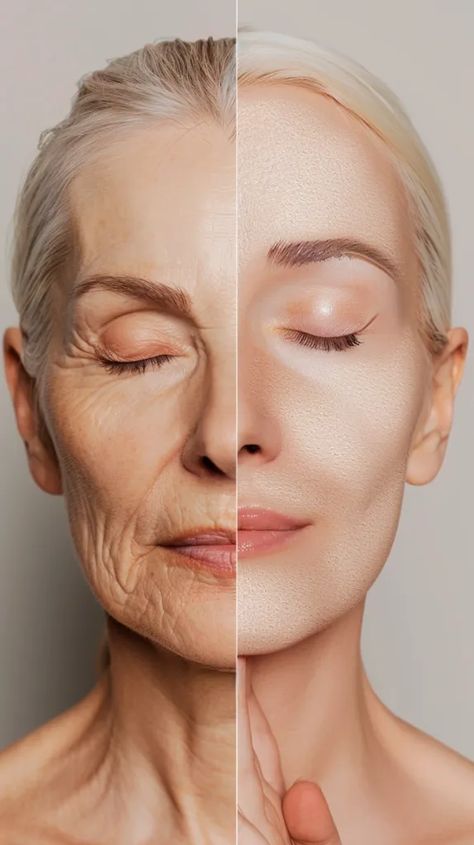 The image shows a woman's face. One half of her face is older, with wrinkles and age spots ->> more details in ai-img-gen.com Aging Face, Skin Aging, Ageing Skincare, Skincare Aging, Wrinkles Photography, Ageless Image Skincare, Anti Age Face Massage, Beauty Hair Photography, Face Aging