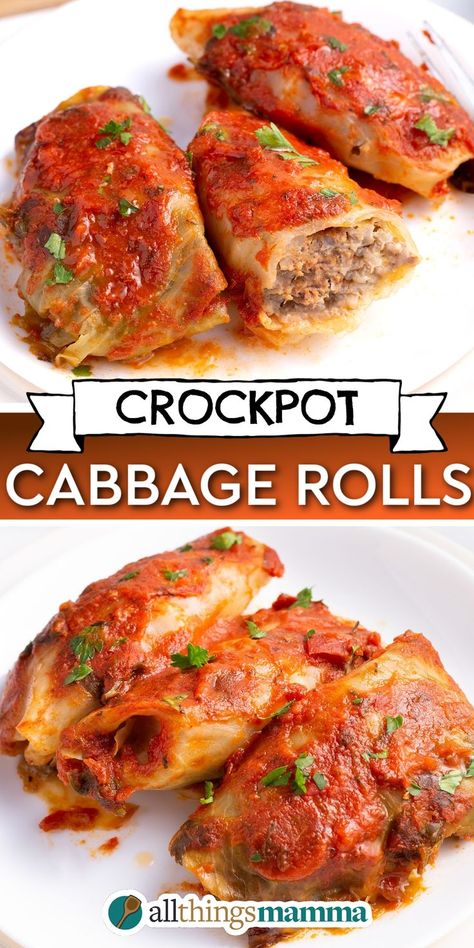 Crockpot Cabbage Rolls social collage graphic. Crockpot Cabbage Rolls served on a white round plate Stuffed Cabbage Rolls Crockpot, Stuff Cabbage, Garden Meals, Slow Cooker Cabbage, Slow Cooker Cabbage Rolls, Unstuffed Cabbage Rolls, Lithuanian Recipes, Stuffed Cabbage Rolls, Cabbage Steaks