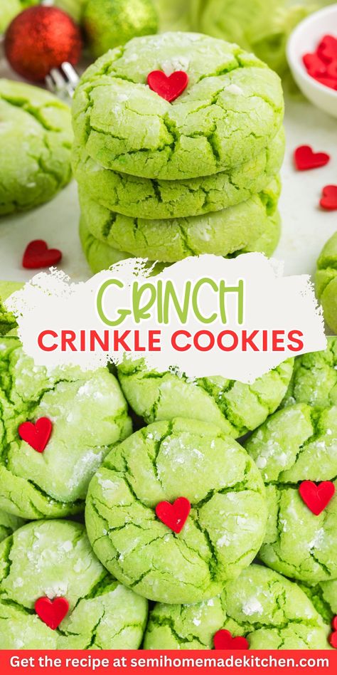 The Grinch may have a small heart, but these Grinch Crinkle Cookies are big on holiday cheer! These soft, festive Christmas cookies are made with yellow cake mix for a quick, no-fuss treat. With a bright green color and a cute red heart, they’re instantly recognizable and perfect for holiday baking with kids. Head to the blog post for easy-to-follow instructions, plus tips to make them turn out perfectly every time! Grinch Crinkle Cookies, Grinch Christmas Cookies, Grinch Cookies Recipe, Recipe Christmas Cookies, Christmas Cookies Kids, Cookie Recipes For Kids, Grinch Cookies, Crinkle Cookies Recipe, Christmas Cookie Recipe