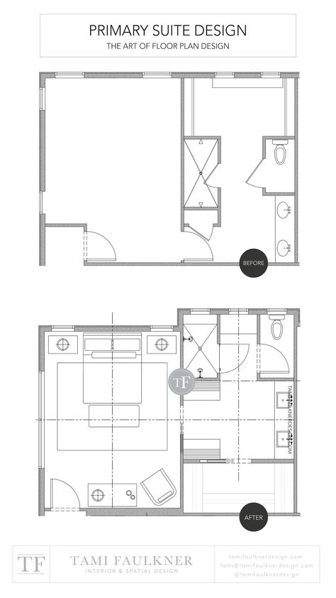 THE POWER OF TRANSFORMATION: BEFORE AND AFTER FLOOR PLANS - PRIMARY SUITE DESIGN — Tami Faulkner Design | Custom Floor Plans, Spatial and Interior Design Services in person and online Master Closet Bathroom, Master Suite Floor Plans, Master Suite Layout, Master Suite Floor Plan, Bathroom Floor Plan, Tami Faulkner, Dream House Design, Suite Master, Suite Design