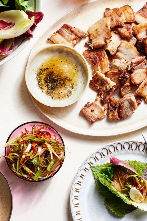 Samgyeopsal Recipe, Quick Kimchi, Sweet Corn Pudding, Pan Seared Pork Chops, Fried Pork Belly, Creamy Broccoli Soup, Seared Pork Chops, Creamy Asparagus, International Dishes