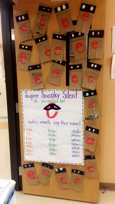 Silent E Anchor Chart First Grade, Long A Silent E Activities, Sneaky E Anchor Chart, Sneaky E Activities First Grade, Teaching Silent E, Vowel Consonant E Anchor Chart, Silent E Activities 2nd Grade, Magic E Anchor Chart First Grade, Teaching Magic E