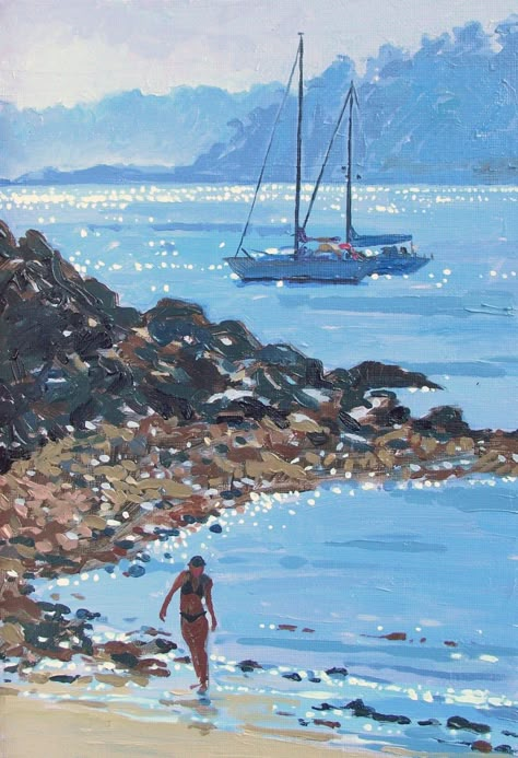 Haidee-Jo Summers artist - beautiful use of paint Watercolor Art Summer, Beach Scenes To Paint, Yacht Painting, Best Painting Ever, Best Paintings, Beach Scene Painting, Beach Artist, Gouache Art, Water Art