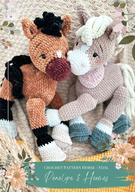 Crochet Pattern Horse / Foal Penelope & Hermes Amigurumi Projects, Amigurumi Patterns Free, Crocheted Animals, Crochet Lovey, Crochet Toys Free, Crochet Cushion Cover, Animal Knitting Patterns, Crochet Plushies, Crochet Horse