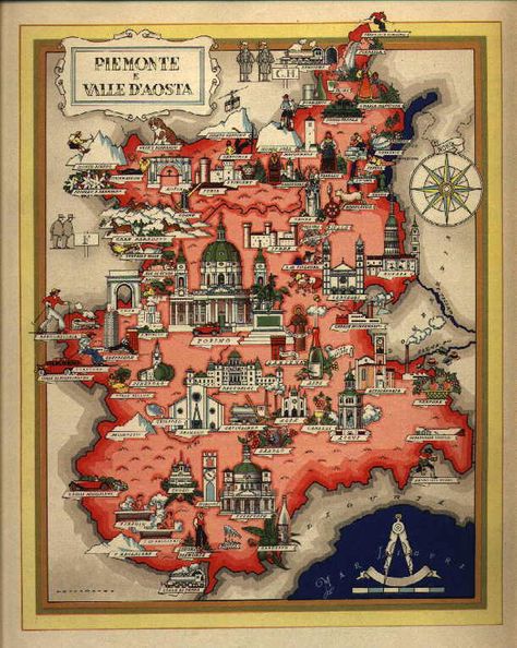 Piemonte and Valle d'Aosta Piedmont Italy, Pictorial Maps, Italian Life, Map Pictures, Detailed Map, Turin, Map Art, Italy Travel, The Incredibles