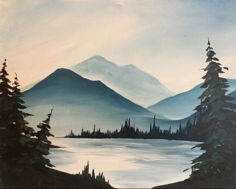 Simple Land Scape Drawing, Montana Painting Ideas, Watercolour Mountains Landscapes, Simple Mountain Painting Acrylic, Mountain Painting Simple, Alaska Painting, Mountain Painting Acrylic, Fall Mountains, Party Painting