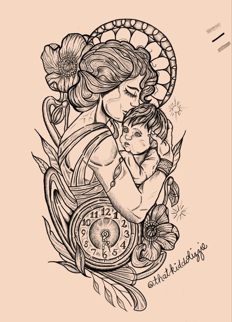 Mothers Love Tattoo, Mother And Child Drawing, Mother Tattoos For Children, Motherhood Tattoos, Maiden Mother Crone, Mother Daughter Art, Matching Tats, Mother Painting, Birthday Tattoo