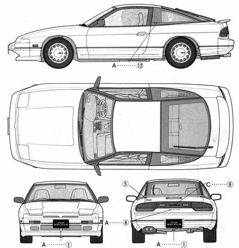 Nissan 180SX Blueprint - Download free blueprint for 3D modeling Nissan 240sx Drawing, Nissan 180sx Drawing, Jdm Blueprint, 180sx Drawing, 240sx Drawing, Car Blueprint 3d Modeling, Nissan V16, Nissan 180sx S13, Honda S660