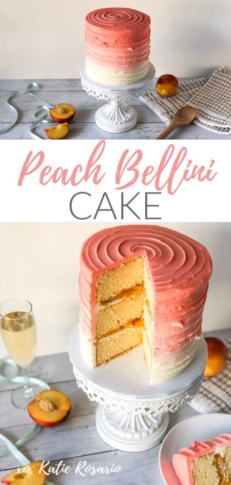 How to Make Peach Bellini Ombre Cake | Looking for something fun and sweet this summer, celebrate with this peach bellini cake! It’s perfect for a girls night out or a Sunday brunch! This peach bellini cake is made from a fluffy homemade champagne cake filled with peach filling, and peach champagne buttercream. This peach bellini cake is great for beginner bakers. #xokatierosario #peachbellinicake #peachcakerecipe #easypeachcake #peachchampagnecake Peach Flavored Cake, Summer Cake Recipes Birthdays, Alcoholic Cakes Recipes, Summer Cake Flavors, Homemade Champagne, Summer Cake Ideas, Champagne Buttercream, Peach Cake Recipes, Peach Filling