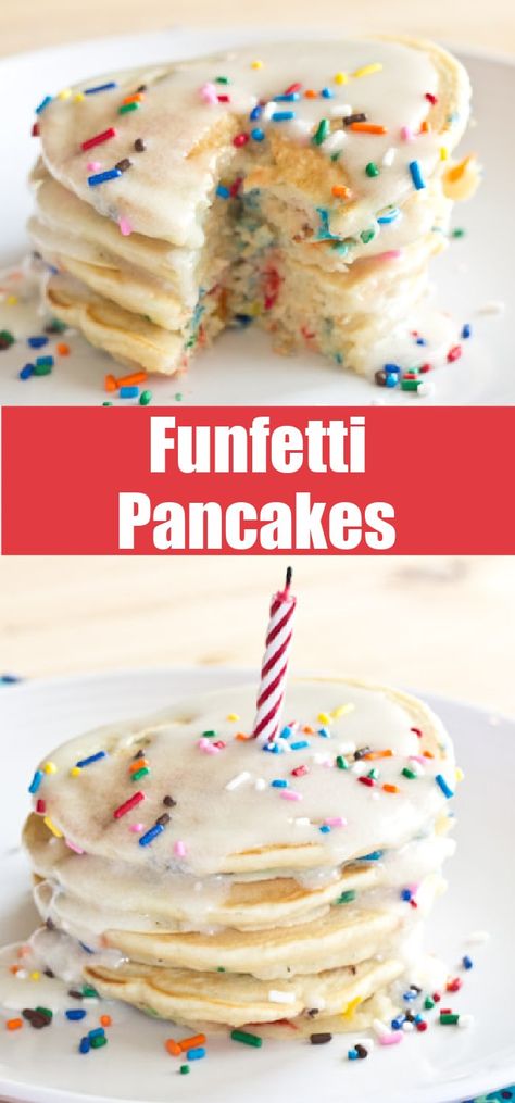 Birthday Cake Pancakes - These funfetti pancakes are such a fun way to start the day! They are great for birthdays or to just brighten your Tuesday! Cream Cheese Syrup, Pancakes With Cream Cheese, Pancakes With Cream, Birthday Cake Pancakes, Funfetti Pancakes, Birthday Pancakes, Cake Pancakes, Most Pinned Recipes, Brunch Inspiration