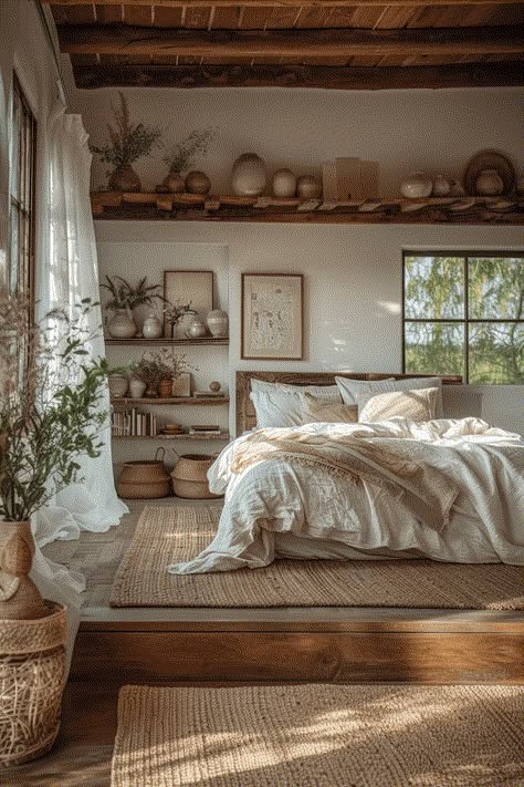 29 Boho Cottage Bedroom Ideas 8 Boho Cottage Bedroom, Diy Wooden Bed Frame, Boho Cottage Decor, Rustic Cottage Home, Rustic Cottage Bedroom, Desert Cabin, Cottage Bedroom Ideas, Floating Wood Shelf, Display Collections