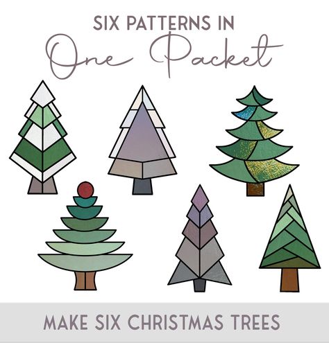 Make 6 stained glass Christmas trees with this pattern pack. With full instructions for both a standing version and a hanging version for each, you can make a bunch of lovely trees for yourself, for gifts, or to sell. Pattern purchase includes commercial and hobby rights. Easy Stained Glass Art, Christmas Stained Glass Ideas, Stained Glass Christmas Patterns, Christmas Stained Glass Patterns, Easy Stained Glass Patterns, Beading Templates, Stained Glass Christmas Ornaments, Christmas Tree Patterns, Tree Stained Glass