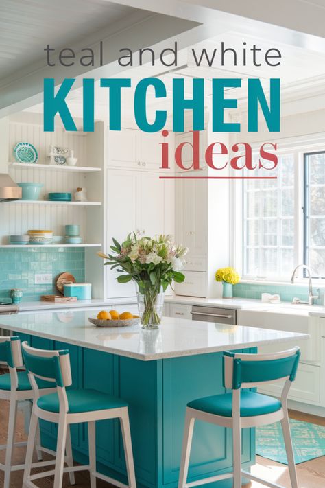 Transform your kitchen with these stunning teal and white kitchen ideas! From bold teal cabinets to charming backsplashes, create a space that’s both stylish and functional. Teal Backsplash Kitchen, Teal And White Kitchen, Kitchen Color Palette Ideas, Turquoise Kitchen Cabinets, Red And Teal Kitchen, Teal Kitchen Cabinets, Kitchen Color Palette, Two Toned Kitchen Cabinets, Teal Cabinets