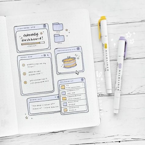 Credit: @tux1824 Monthly Dashboard, Purple Journal, Notebook For School, Organization Bullet Journal, Journal Cute, Bullet Journal Ideas Templates, Undated Daily Planner, Bullet Journal Paper, Bullet Journal Aesthetic