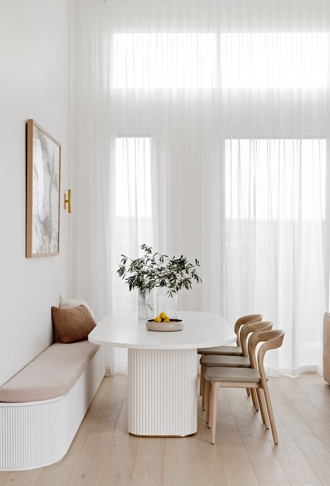 We love how the natural light gently filters through the sheer curtains ☀️  This project by @haausdesign features our sheer curtains in the fabric Allusion, colour Snow.  📷 @the.palm.co #interiordesign #diycurtains #diysheers Seating In Kitchen, Bench And Table, Palm Springs Home, Seating Ideas, Dinning Room Design, Booth Seating, Alfresco Area, Behind The Camera, Banquette Seating