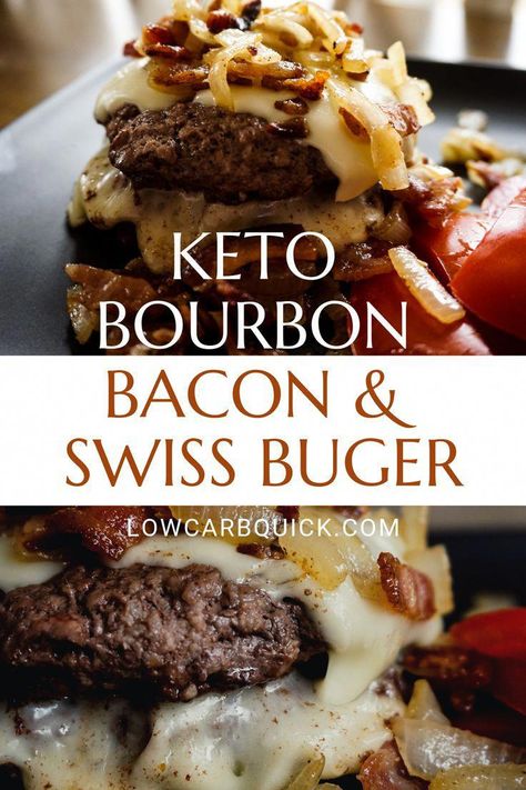 The perfect keto burger served with Swiss and a sweet and tangy bourbon bacon jam. The best bunless burger you'll ever eat.#keto #burger #lowcarb #easydinner #protein #lowcarbquick #ketodietrecipes Bourbon Bacon Jam, Swiss Burger, Bourbon Bacon, Keto Approved Foods, Bunless Burger, Fathead Dough, Keto Burger, Keto Diet Results, Keto Bagels