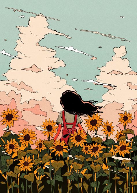 “I need time to grow and to exist” Timeline Drawing, I Need Time, Scrapbook Printing, Boy Illustration, Sunflower Field, Sunflower Fields, Art Archive, Anime Scenery Wallpaper, Scenery Wallpaper