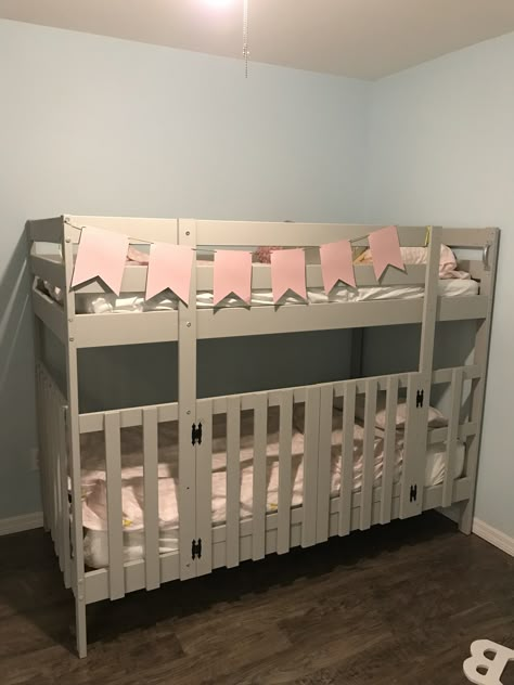 Bunk bed hack- created a crib at the bottom Bunk Bed Shared Room Ideas, Twin Over Crib Bunk Bed, Loft Bed Over Crib, 3 Cribs In One Room Ideas, Bunk Bed Crib Combo, Crib Under Bunk Bed, Loft Bed With Crib Underneath, Crib Bunk Bed Combo, Bunk Bed With Crib Underneath