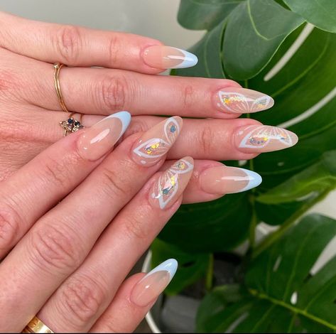 Butterfly Sparkle, Light Blue Butterfly, Butterfly Nails, Graduation Nails, Work Nails, Almond Nails Designs, Glitter Acrylic, Nails Only, Short Acrylic Nails Designs