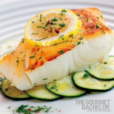 WILD STRIPED BASS, FRESH HERBS & ZUCCHINI | The Gourmet Bachelor cookbook Striped Bass Recipe, Bass Recipes, Sea Bass Recipes, Easy Meals For Two, Striped Bass, Fish Dishes, Seafood Dishes, Fish And Seafood, Fresh Herbs