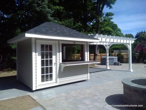 8 x 26 Hip roof pool shed & concession stand with vinyl pergola Pool Sheds, Pool House Shed, Vinyl Pergola, Pool Shed, Bar Shed, Vinyl Wood, Pool Landscape Design, Pool Cabana, Wood Pergola