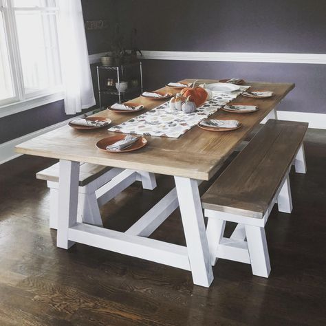 Truss Table, Modern Farmhouse Floors, Modern Farmhouse Floorplan, Woodwork Plans, Diy Farmhouse Coffee Table, Table And Benches, Diy Dining Room Table, Farmhouse Floor Plans, Farmhouse Flooring