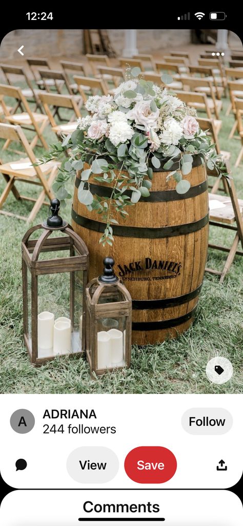 Whiskey Barrel Arrangements, Flowers On Whiskey Barrel Wedding, Wedding Barrel Flowers, Barrel Top Flower Arrangements, Whiskey Barrel Unity Ceremony, Oak Barrel Wedding Decor, Barrel Tables Wedding, Whiskey Barrel Wedding Flowers, Diy Wine Barrel Flower Arrangement