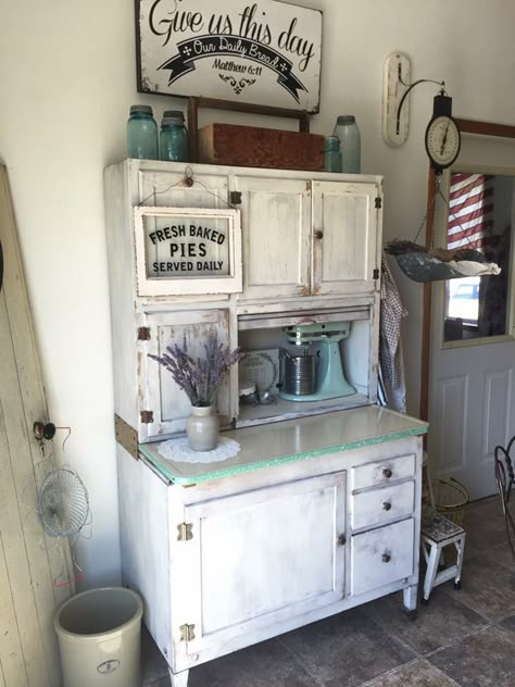 Flour Bin Cabinet, Hoosier Cabinet Ideas Farmhouse, Hoosier Cabinet Makeover, Decorating With Crocks, Old Style Kitchen, Antique Hoosier Cabinet, Stove Decor, Bin Cabinet, Cabinet Rustic