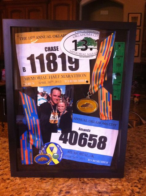 Great way to display Marathon runners medals and bibs.  Shadow box from Hobby Lobby. Race Medal Shadow Box Display Ideas, Sports Shadow Boxes, Old Ticket, Running Medal Display, Shadow Box Memory, Shadow Box Ideas, Wedding Shadow Box, Race Medal, Race Bibs