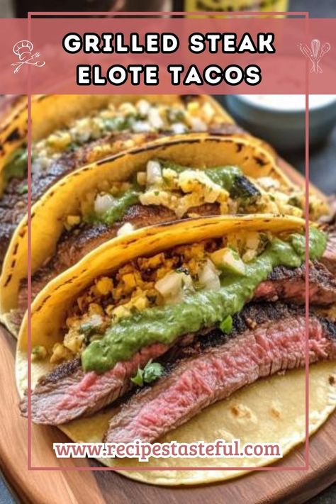 Delicious tacos featuring marinated grilled steak topped with creamy Mexican street corn, avocado, and fresh cilantro. Creamy Mexican Street Corn, Elote Tacos, Steak Street Tacos, Delicious Tacos, Corn Avocado, Corn Taco, Steak Tacos, Marinated Steak, Cotija Cheese