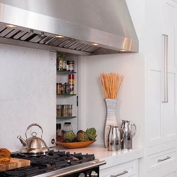 Hidden Spice Rack Ideas Hidden Spice Rack, White Marble Backsplash, Modern Farmhouse Kitchen Decor, Wooden Spice Rack, Inset Cabinets, Spice Racks, Marble Backsplash, Backsplash Designs, Pantry Door