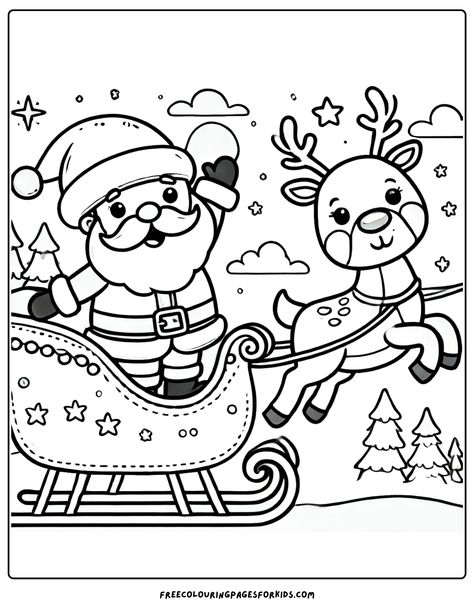 Santa and his cheerful reindeer Free Christmas Coloring Books, Santa Claus For Coloring, Santa Clause Coloring Page, Santa Colouring Pages, Colouring Christmas Pages, North Pole Coloring Pages, Christmas Themed Coloring Pages, Christmas Coloring Pictures Free Printable, Christmas Color Pages For Kids