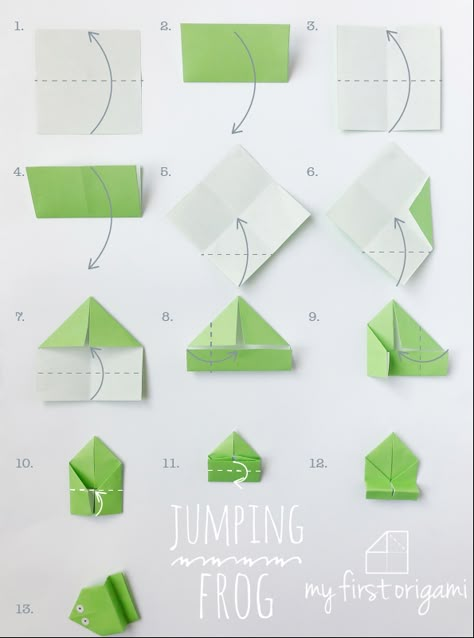 Easy Origami Jumping Frog - my first origami Origami Jumping Frog Instructions, Origami Frog Instructions, Origami Instructions For Kids, Origami Easy Step By Step, Origami Toys, Easy Origami For Kids, Origami Frog, Origami Tutorial Easy, Jumping Frog