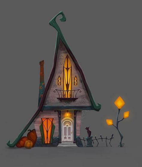 Witches House Art, Witch’s House, Fantasy House Drawing, Witch House Illustration, Witch House Drawing, House Fantasy Art, Cute House Illustration, Witch Backdrop, House Illustration Art