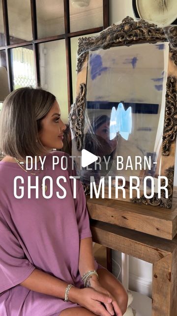 How To Decorate A Mirror For Halloween, Ghostly Mirror Diy, Spooky Mirror Halloween, Ghost Mirror Diy, Haunted Mirror Diy, Halloween Mirror Diy, Diy Halloween Mirror, Creepy Mirror, Fun House Mirror