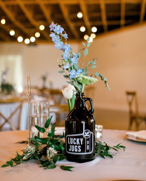 Wedding Growler Centerpiece, Brewery Party Decor, Brewery Wedding Centerpieces, Growler Centerpiece Wedding, Growler Decor, Growler Centerpiece, Masculine Centerpieces, Beer Bottle Centerpieces, Round Table Centerpieces Wedding