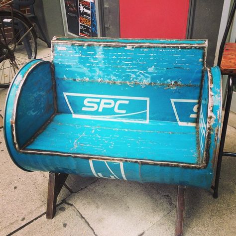 Blue #sofa from #recycled materials! 💙💙💙 Drum Seat, Red Accent Chair, Drum Chair, Oil Barrel, Car Furniture, Metal Drum, Metal Barrel, Barrel Furniture, Oil Drum