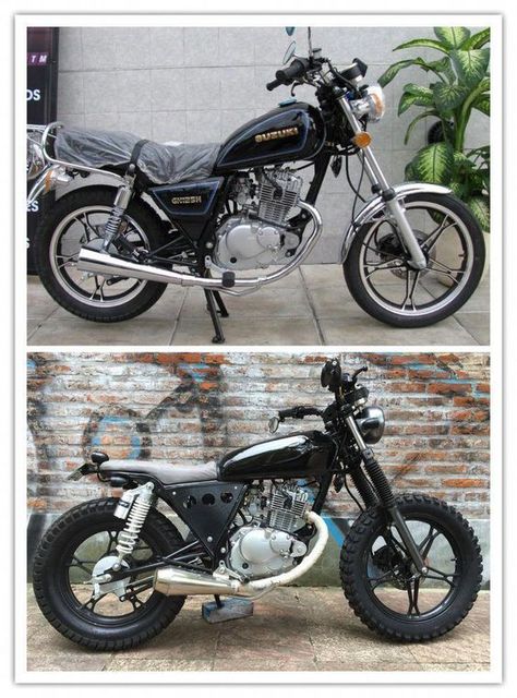 Before and after - motorcycle transformations Suzuki Gn 125, Tw 125, Custom Bikes Cafe Racers, Suzuki Cafe Racer, Honda Scrambler, Cafe Racer Moto, Tracker Motorcycle, Suzuki Intruder, Cafe Racer Design