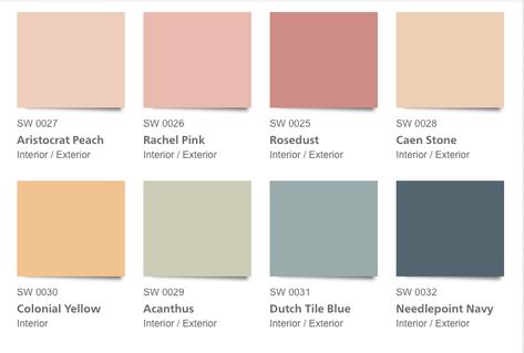 Colonial Revival Paint Colors, Colonial Colors Interior, Colonial House Color Schemes, Ranch House Color Schemes, Dutch Colonial Paint Colors, Interior Cottage Paint Colors, Grandmillennial Color Palette, Georgian Colour Palette, Southern Home Color Palette