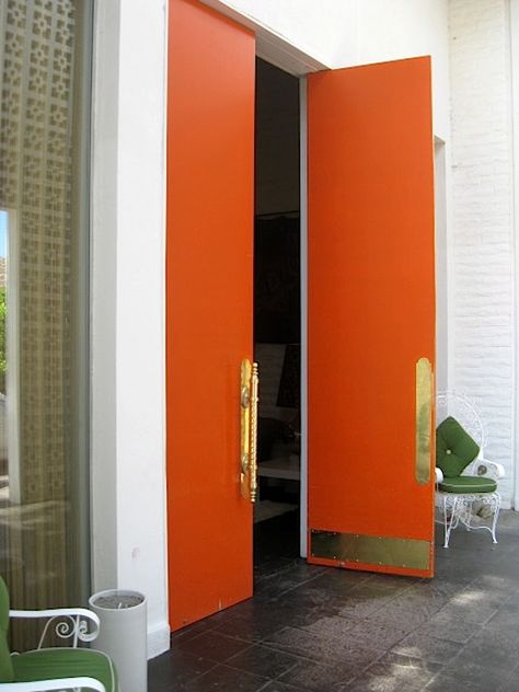 orange double doors Orange Doors, Palm Springs Resorts, Orange Door, Parker Palm Springs, Door Color, Beautiful Doors, Painted Doors, Entry Doors, White Walls