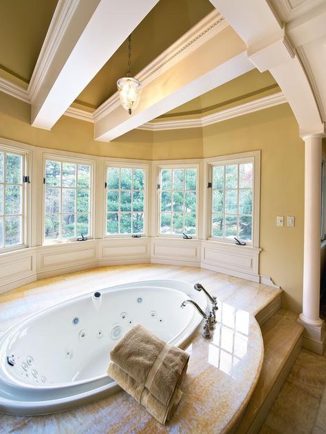 Traditional Bathrooms in  from HGTV I like the wall color. Giant Bathtub, Sunken Bathtub, Coffered Ceiling Design, Sunken Tub, Luxury Spa Bathroom, Luxurious Bathtubs, Traditional Bathrooms, Tropical Bathroom, New Bathroom Ideas