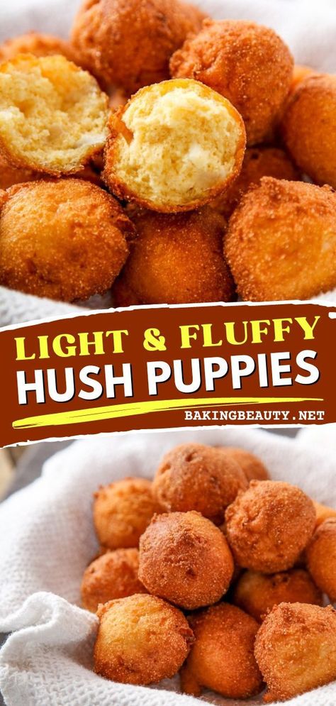 Try this best hush puppy recipe as your game-day recipe! No worries if you don't know how to make hush puppies 'cause this homemade recipe will save you! Enjoy these appetizers that are super crunchy on the outside, yet light and fluffy on the inside! Easy Hush Puppies Recipe, Easy Hush Puppies, Homemade Hushpuppies, Easy Hush Puppy Recipe, Homemade Hush Puppies, Southern Hush Puppies, Breads Recipes, Hush Puppies Recipe, Restaurant Appetizers