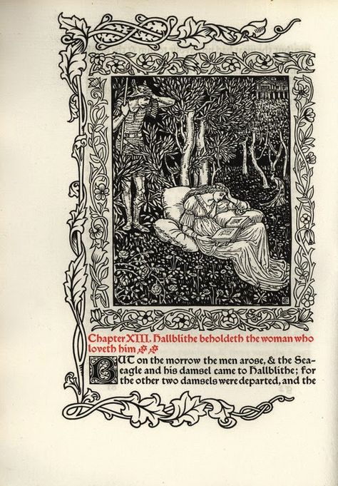 William Morris, The Story of the Glittering Plain Which Has Been Also Called the Land of Living Men or the Acre of the Undying, with engravings by Walter Crane (Hammersmith: Kelmscott Press, 1894). #morris #design @ Jane Morris pre raphaelite Muse (and her daughters) Artifact Design, Jane Morris, Kelmscott Press, Lino Ideas, Pre Raphaelites, Edmund Dulac, John Everett Millais, Walter Crane, Dark Creatures