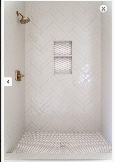 Master Shower Herringbone Tile, Guest Bathroom Tile Shower Ideas, Neutral Herringbone Tile Bathroom, French Bathroom Floor, Cream Herringbone Tile Bathroom, Beige Herringbone Tile Bathroom, Transitional Modern Bathroom, Beige Subway Tile Bathroom, Accent Wall Shower Tile