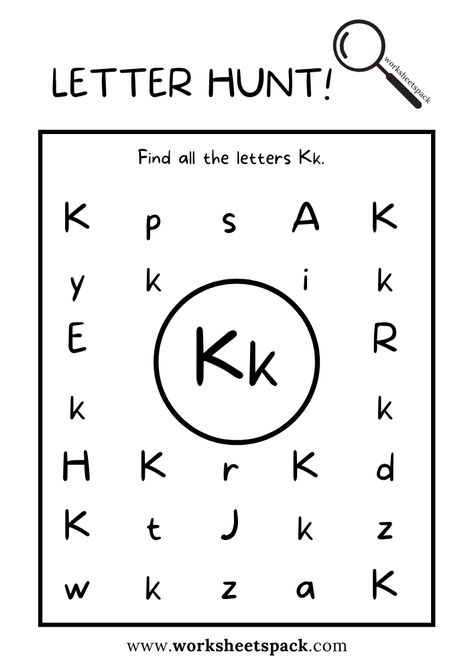 Find the Letter K Worksheet, Alphabet K Hunt Activity Free Printable for Kids - Printable and Online Worksheets Pack Letter K Printables For Preschoolers, K Worksheets Preschool, Letter Hunt Printable Free, Letter K Worksheets, Letter Hunt, Letter K Worksheets For Preschoolers, The Letter K, Letter K Worksheet, Letter K Activities For Preschool