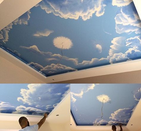 Cloud Ceiling Painting, Celling Paintings Bedroom, Clouds On Ceiling Painting, Ceiling Painted Like Sky, Sky Ceiling Mural Cloud, Ceiling Painting, Indian Home Design, Wall Texture Design, Lord Ganesha Paintings