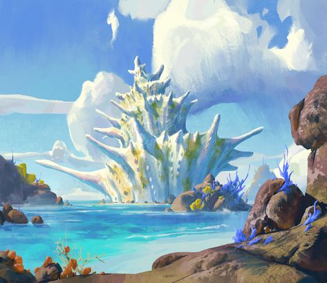 Island Environment Concept Art, Alien Beach Concept Art, Water Environment Concept Art, Concept World Art, Fantasy Beach Concept Art, Seashell House Concept Art, Under The Sea Concept Art, Water Planet Concept Art, Fantasy Island Art