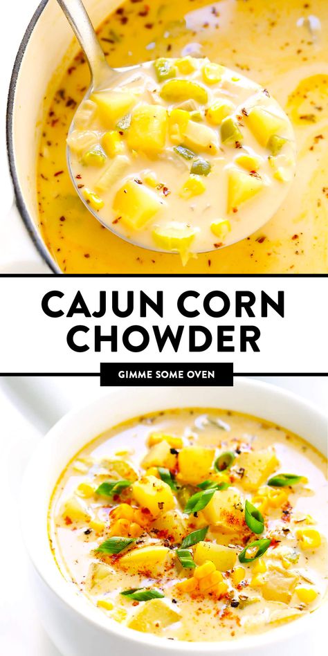 LOVE this zesty Cajun Corn Chowder recipe! It's lightened up with healthier ingredients, including lots of protein-packed lentils and creamy coconut milk, and it's the perfect dinner recipe for summer and fall. | Gimme Some Oven #corn #chowder #soup #vegan #glutenfree #vegetarian #healthy #dinner #cajun #recipe Oven Corn, Cajun Corn, Summer Corn Chowder, Corn Chowder Soup, Corn Chowder Recipe, Chowder Soup, Chowder Recipe, Soup Vegan, Perfect Dinner