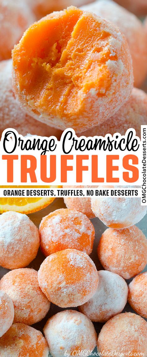 Delicious orange truffles that will remind you of all the creamsicle treats you had as a kid. Easy to make and a great snack for parties! #orange #truffles #creamsicle #nobake #dessert Thm Truffles, Orange Cakesicles, Orange Creamsicle Truffles, Creamsicle Truffles, Orange Truffles, Nobake Dessert, Orange Dessert, Truffles Recipe, Truffle Recipe